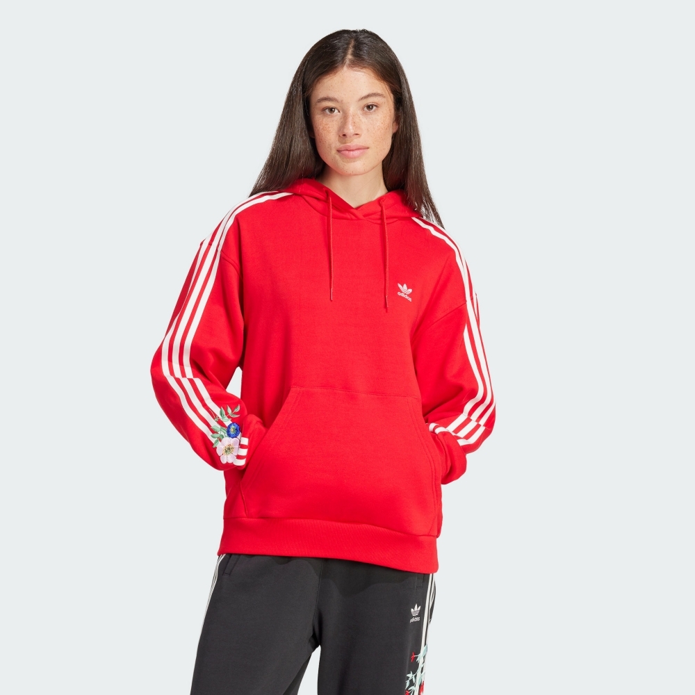 adidas 上衣 女款 長袖上衣 帽T 運動 三葉草 亞規 FLORAL HOODIE 紅 IS2428