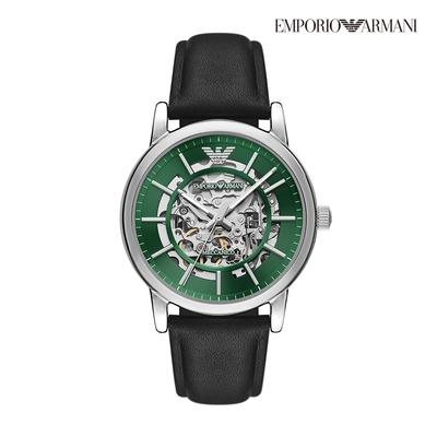 Emporio Armani Meccanico 都會綠面鏤空機械手錶 黑色真皮錶帶 43MM AR60068