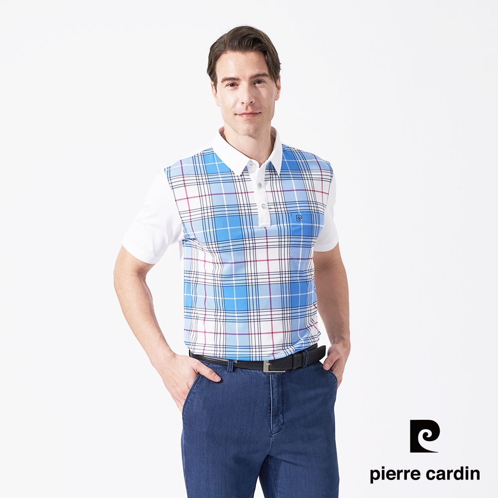 Pierre Cardin皮爾卡登 男裝 吸濕排汗胸前印格短袖襯衫領polo衫-水藍色(5247208-37)