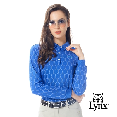 【Lynx Golf】女款吸濕排汗滿版六角蜂巢圖樣領尖扣款式長袖POLO衫-藍色