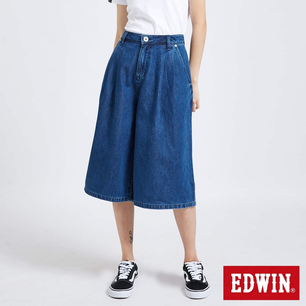 EDWIN MISS 503 休閒舒適 打摺牛仔寬褲-女-酵洗藍