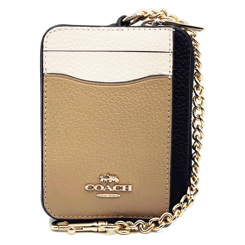 COACH 經典C LOGO證件卡夾層鏈帶零錢包(奶茶/咖)