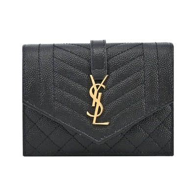 YSL MIX MATELASSE 粒面牛皮翻蓋信封短夾(黑/金)