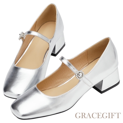 【Grace Gift】素面珍珠圓釦細帶中跟瑪莉珍鞋 銀