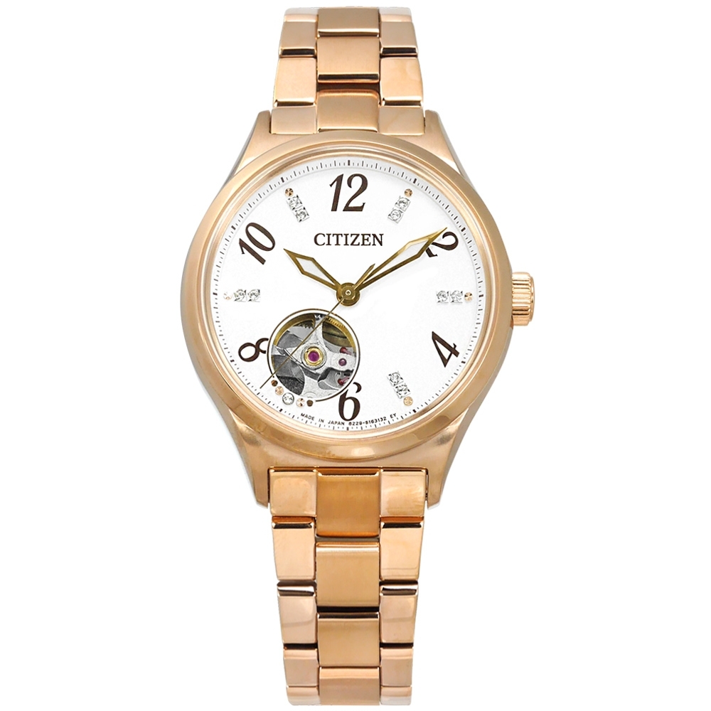 CITIZEN 機械錶 施華洛世奇晶鑽 不鏽鋼手錶(PC1002-85A)-白x鍍玫瑰金/34mm
