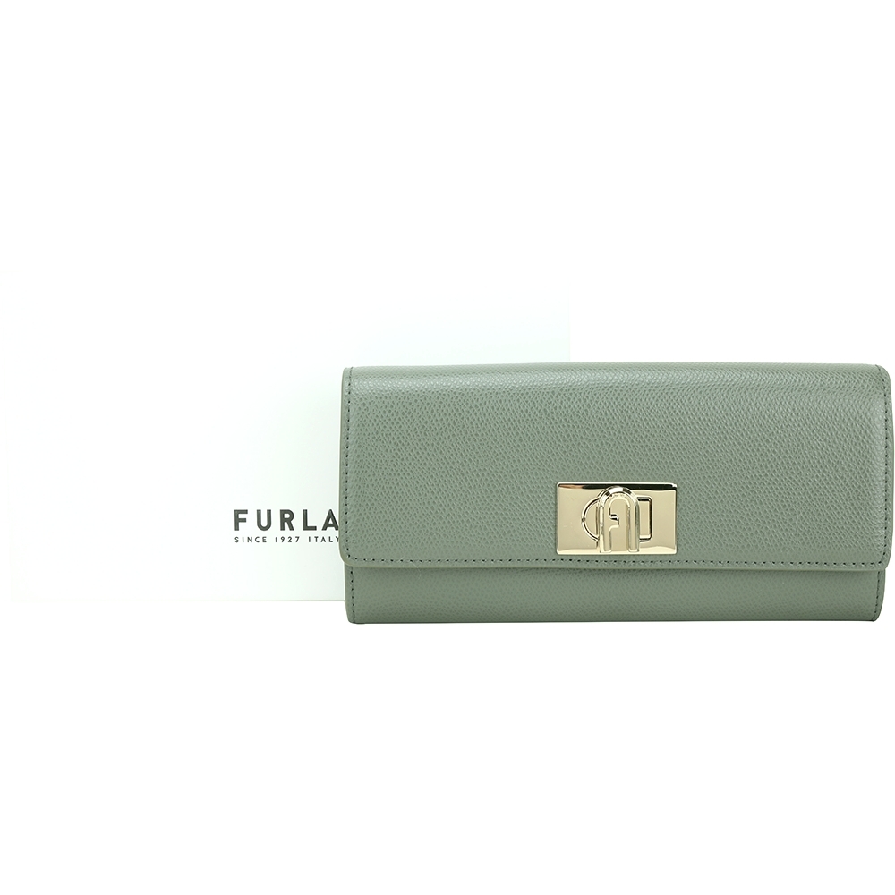 FURLA 1927 LOGO 拱門旋扣防刮牛皮翻蓋長夾(灰綠)