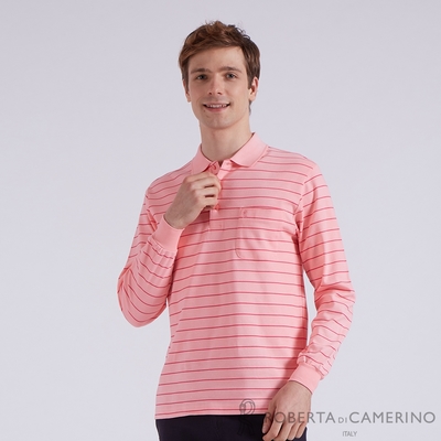 【ROBERTA諾貝達】 男裝 俐落修身剪裁 條紋純棉長袖POLO衫 粉紅