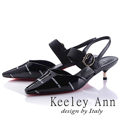 Keeley Ann 設計美學~文字藝術鬆緊帶全真皮中跟尖頭鞋(黑色-Ann)