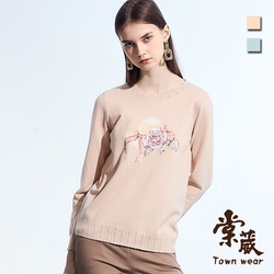 【TOWNWEAR棠葳】氣質印圖螺紋針織衫 2色(女上衣/女上著/長袖/鑽飾/印字)