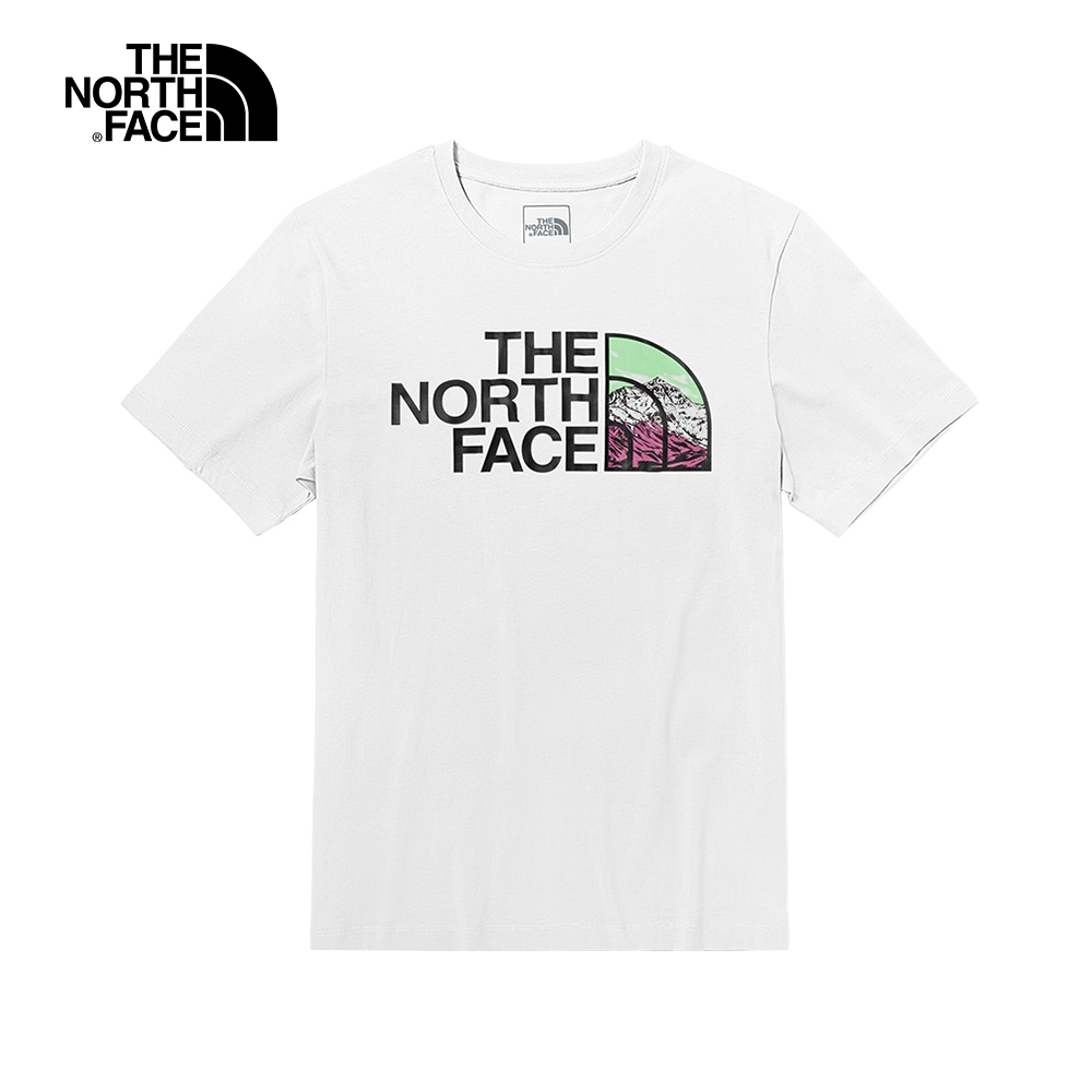 【The North Face 官方旗艦】北面男款白色LOGO山峰寬鬆純棉短袖T恤｜7QUPFN4