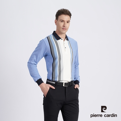 Pierre Cardin皮爾卡登 男款 棉質混紡定位直條刷毛長袖POLO衫-藍色 (5215284-36)