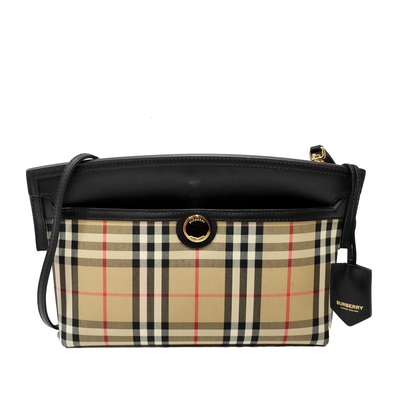 【BURBERRY 巴寶莉】80268361經典Society系列格紋拼接皮革手拿/肩背斜背兩用包(格紋黑邊)