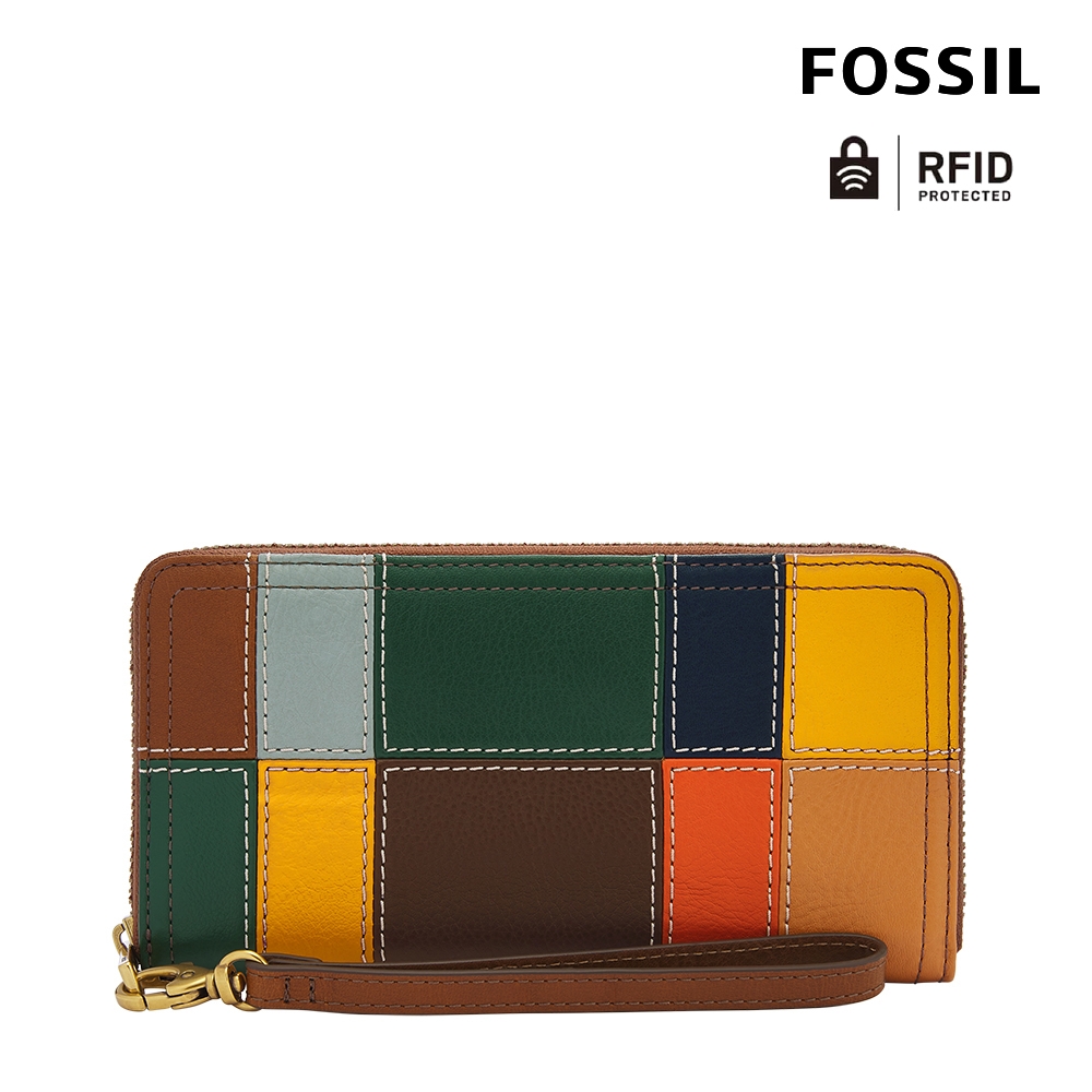 FOSSIL Logan 多層真皮拉鍊RFID防盜長夾-彩色拼接 SL8220194