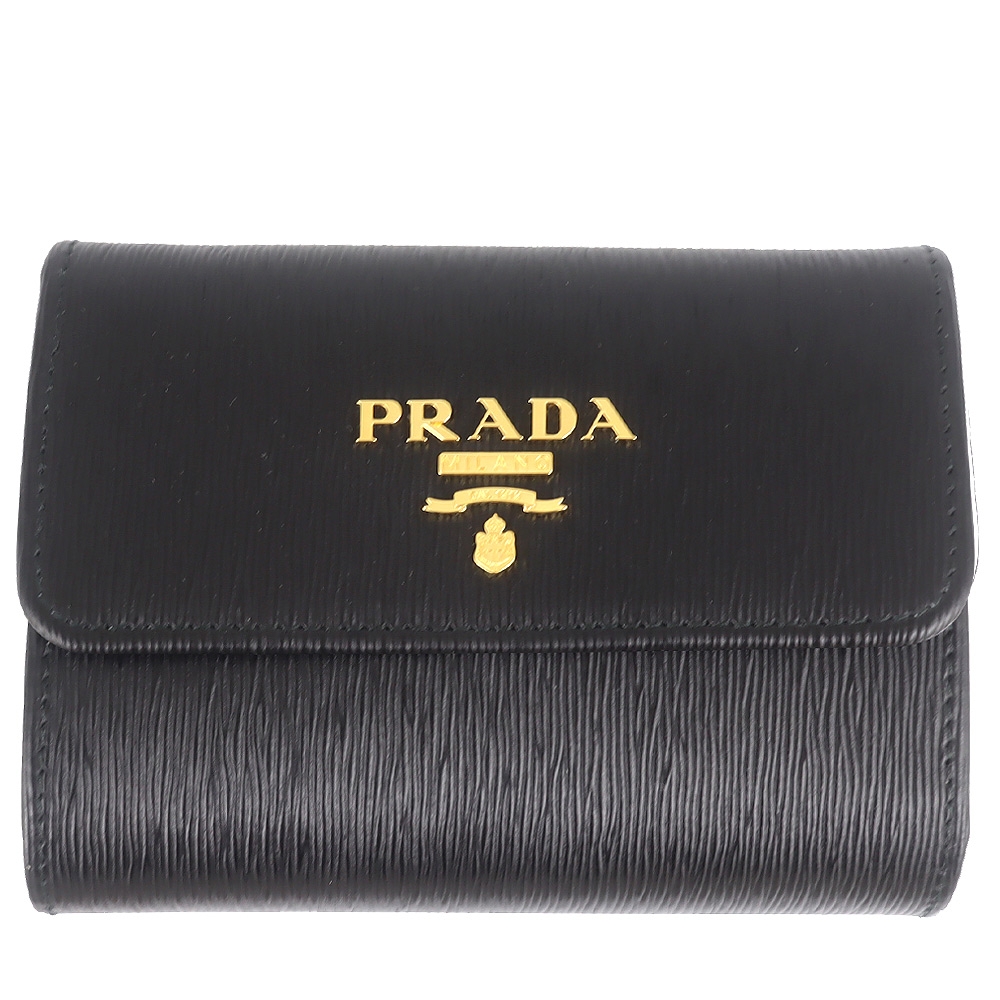 PRADA 黑色縱紋牛皮金字三折短夾(拉鍊零錢袋)