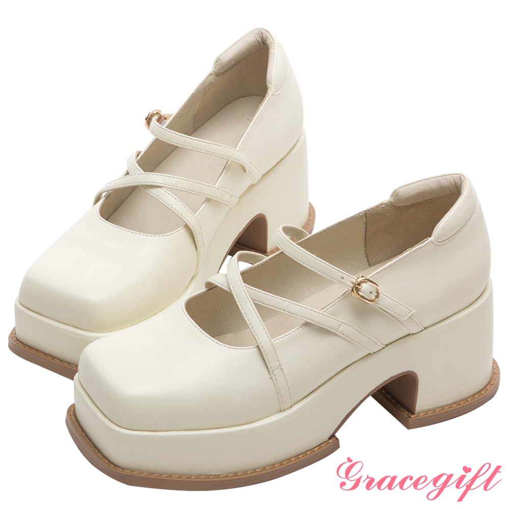 【Grace Gift】方塊牛奶糖厚底瑪莉珍鞋 米黃