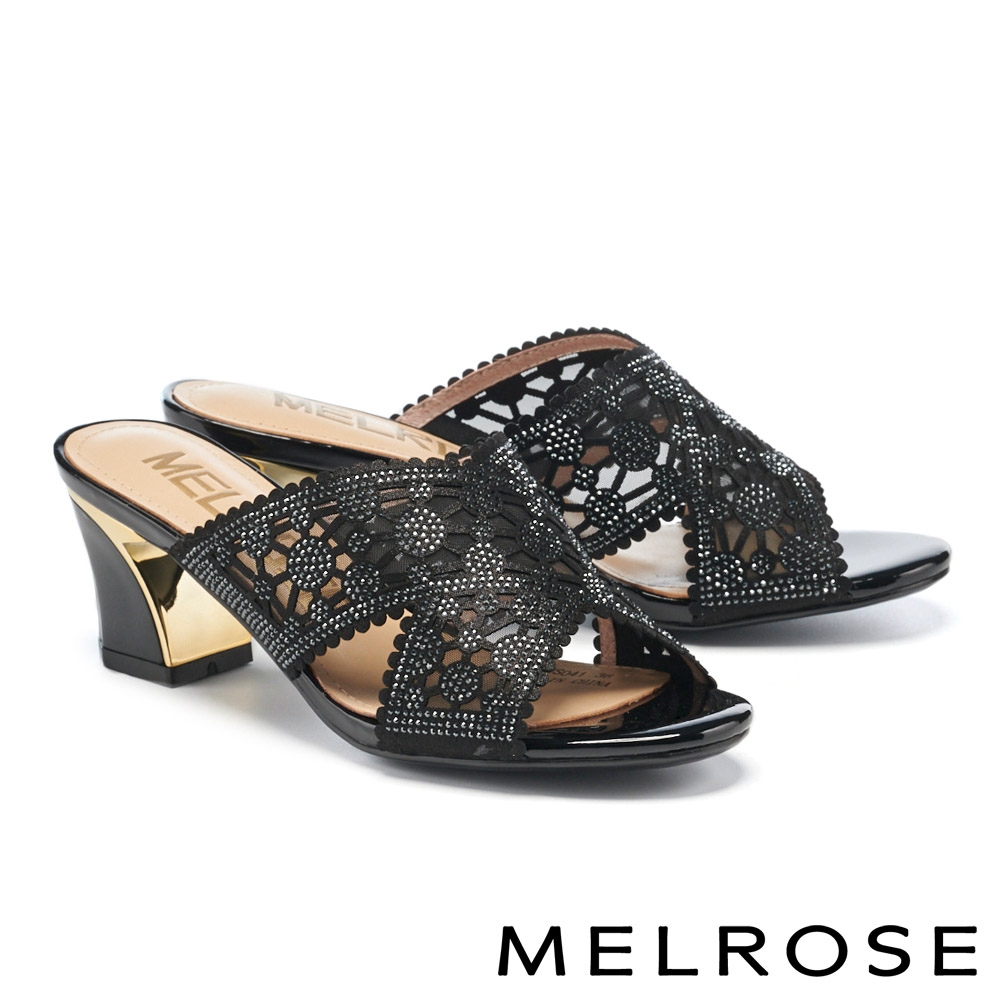 拖鞋 MELROSE 氣質時尚晶鑽鏤空透膚粗高跟拖鞋－黑