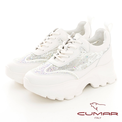 【CUMAR】透膚網布貼鑽厚底綁帶休閒鞋-米白