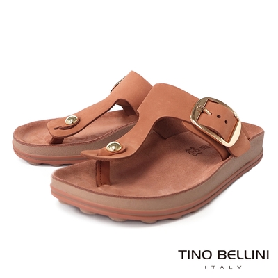 Tino Bellini 歐洲進口牛皮T字造型釦帶夾腳涼拖鞋-棕