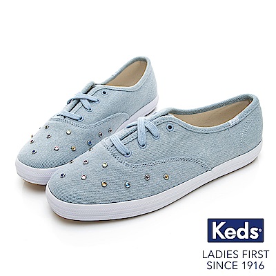 Keds CHAMPION 彩色水鑽丹寧綁帶休閒鞋-淺藍