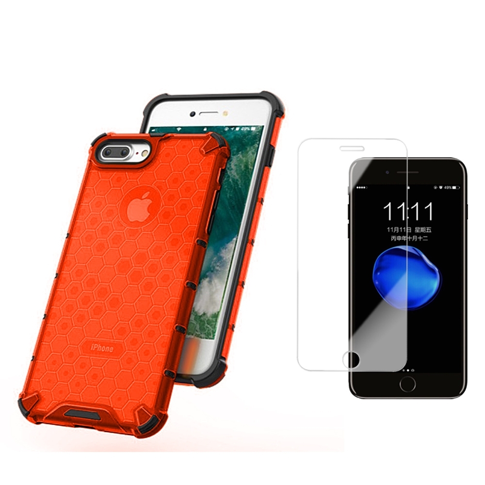 [買手機殼送保護貼] iPhone 7 8 Plus 赤焰橘 四角防摔 透光蜂巢手機殼 (iPhone7Plus手機殼 iPhone8Plus手機殼 )