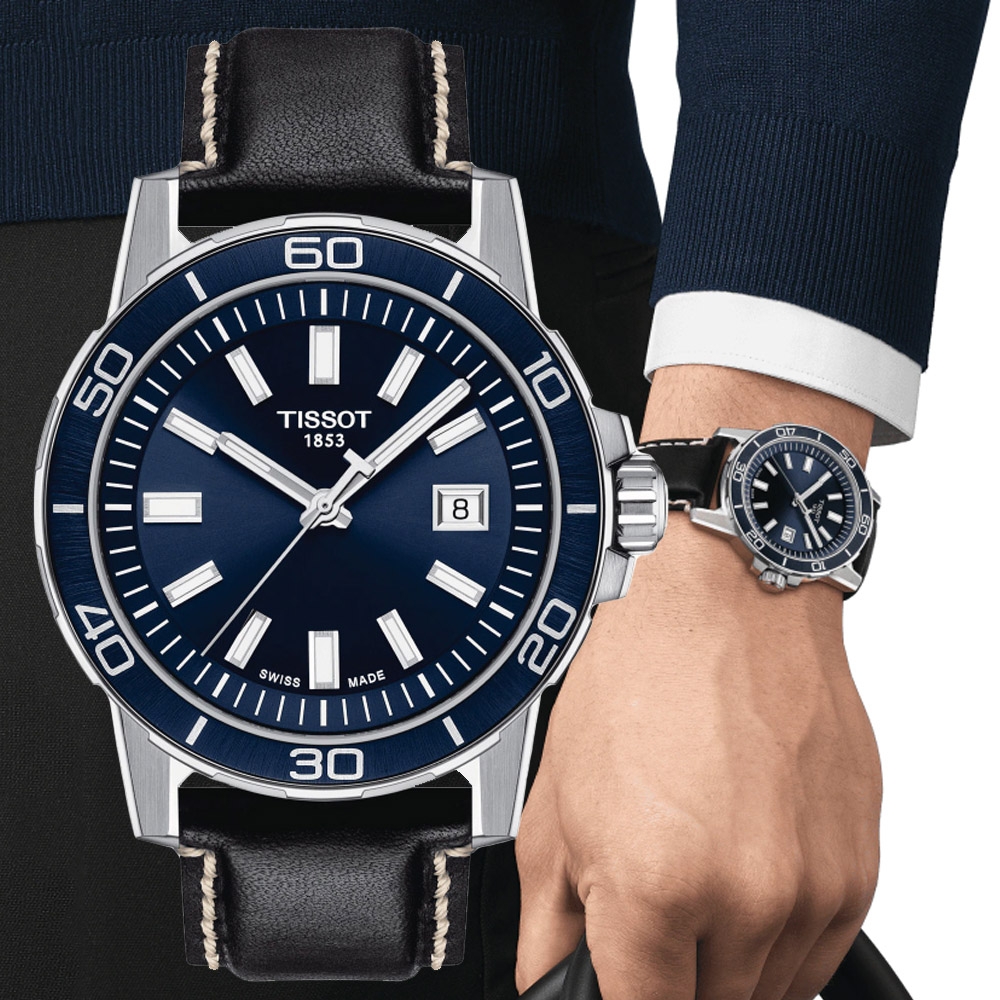 TISSOT天梭 官方授權 Supersport 紳士運動腕錶 藍x黑 44mm/T1256101604100