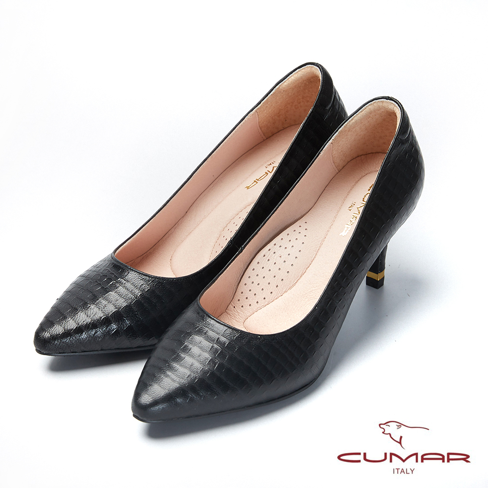 【CUMAR】文藝羅浮宮- 特殊皮革壓紋簡約高跟鞋-黑