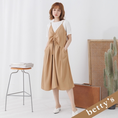 betty’s貝蒂思 兩件式細肩帶抽繩打摺洋裝(卡其色)