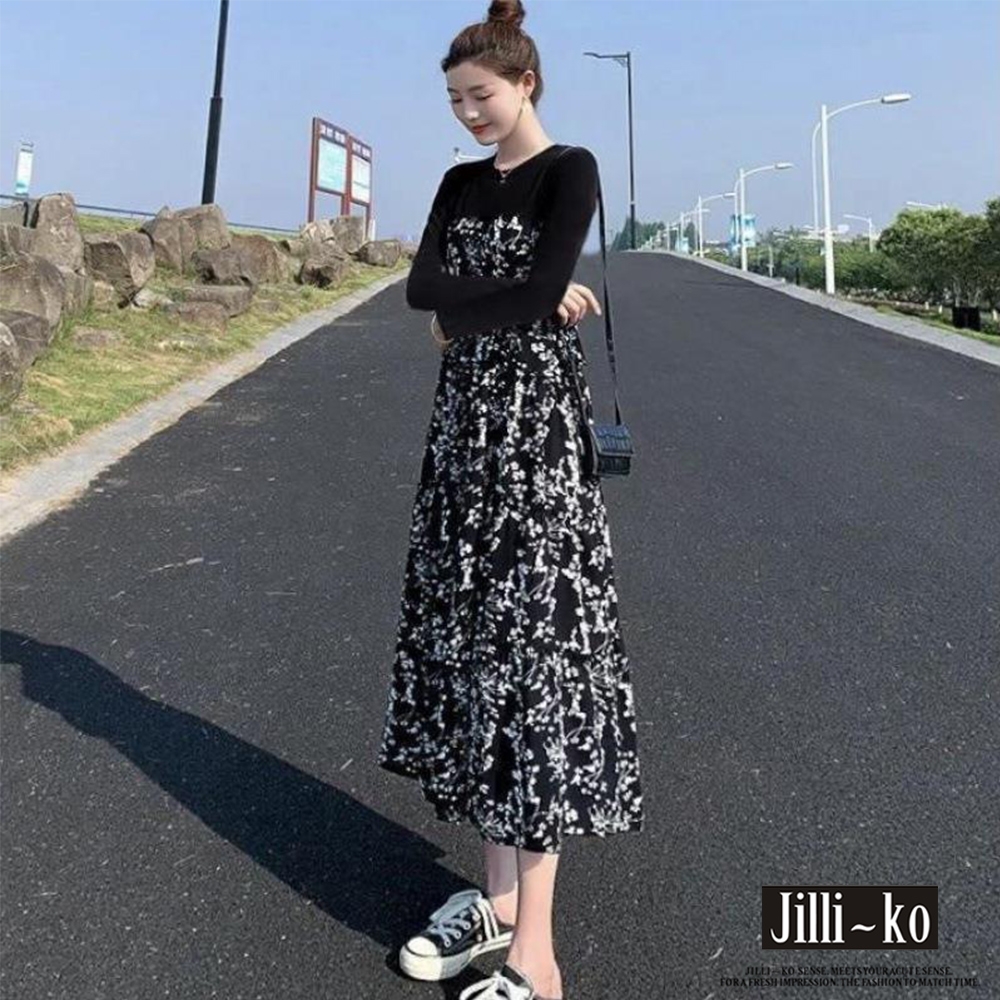 JILLI-KO 赫本風拼接碎花長袖連衣裙洋裝中大碼- 黑色