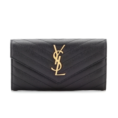 YSL SAINT LAURENT Monogram 皮革 信封式 扣式 皮夾 長夾 黑色 金色