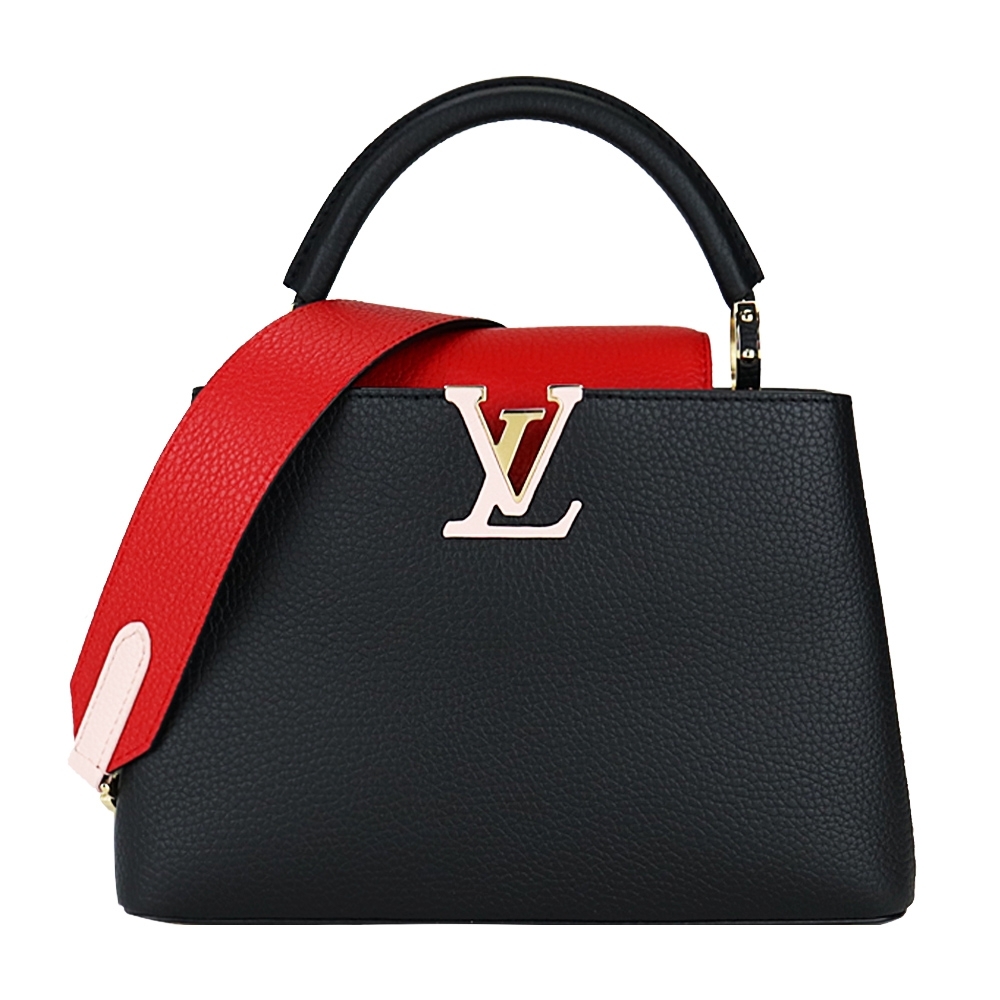 Louis Vuitton CAPUCINES BB系列 Initials LOGO雙色皮革手提/斜背兩用包(黑/紅)