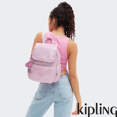 Kipling 金屬粉紫掀蓋拉鍊後背包-CITY ZIP S