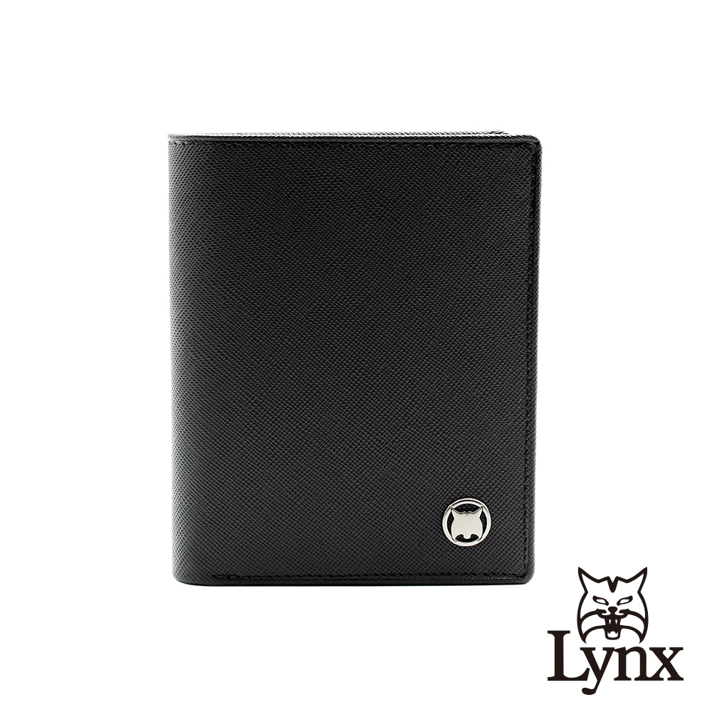 【LYNX】美國山貓十字紋進口牛皮雙折3卡直立式短夾 皮夾 錢包-黑色