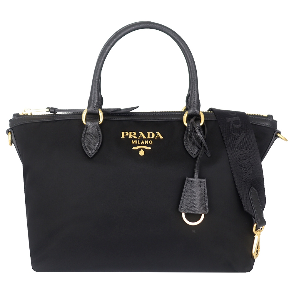 PRADA 黑色尼龍布金屬標皮邊肩背/手提包