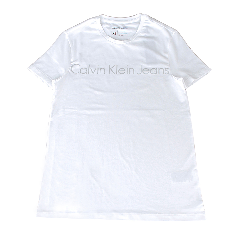 CK Calvin Klein 經典銀色燙金文字LOGO造型短袖T恤(白)