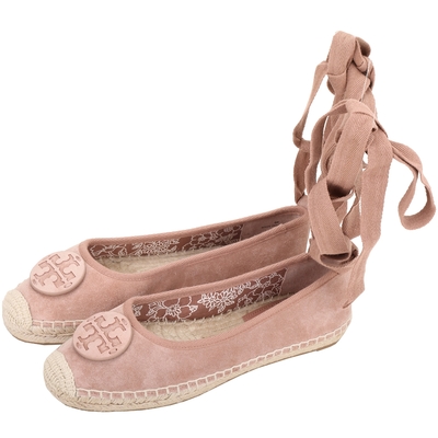 TORY BURCH Minnie 麂皮拼帆布繫帶草編娃娃鞋(粉色)