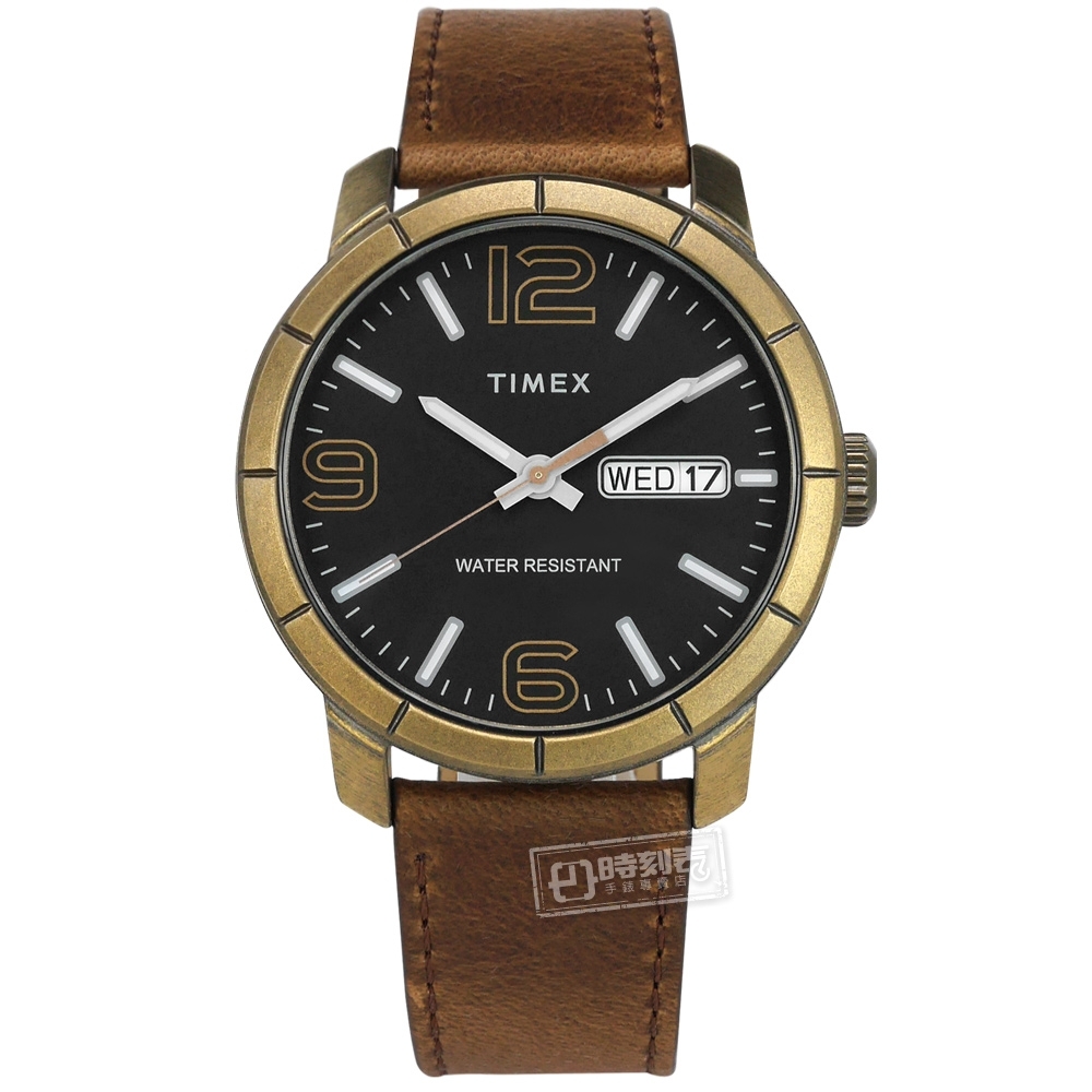 TIMEX 天美時 數字刻度 日期星期 礦石強化玻璃 真皮手錶-黑x古銅金框x褐/44mm