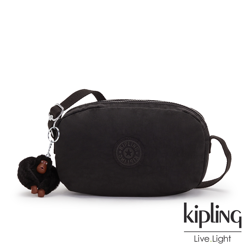 Kipling 極簡俐落黑拉鍊式輕便斜背包-IKER