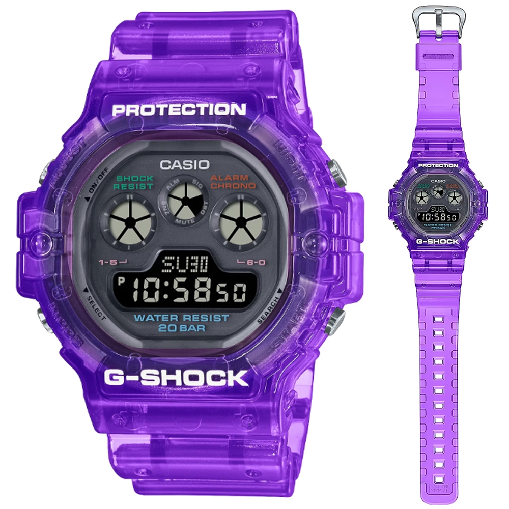 CASIO 卡西歐G-SHOCK 復古懷舊半透明繽紛三眼數位電子錶-紫DW-5900JT-6