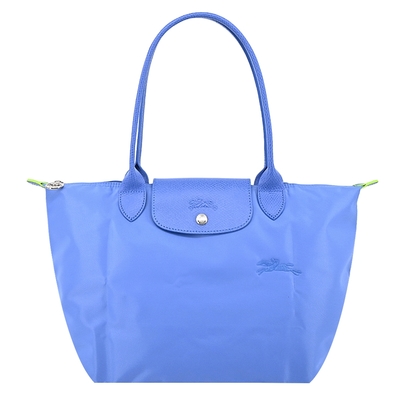 LONGCHAMP LE PLIAGE GREEN系列刺繡長把再生尼龍摺疊水餃包(中/矢車菊藍)