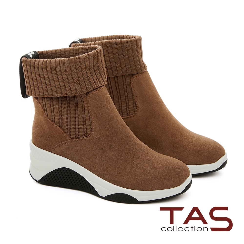 TAS異材質拼接後織帶楔型厚底短靴–質感卡其