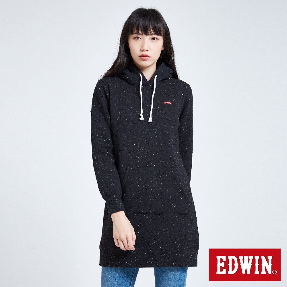 EDWIN 棉粒內刷毛長版厚連帽T恤-女-黑色