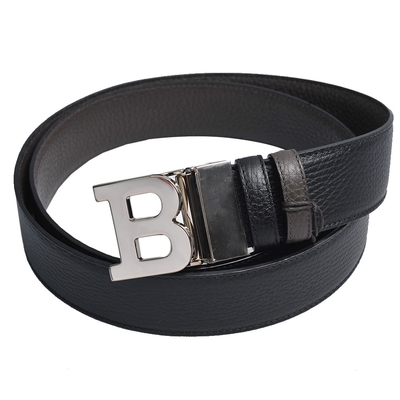 BALLY B BUCKLE 經典高質感荔枝壓紋牛皮革雙面用皮帶(黑/深咖啡/110CM)