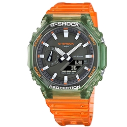 G-SHOCK CASIO 卡西歐 秘境海岸系列 果凍 八角型 雙顯 防水 橡膠手錶-綠x半透明橘色/45mm