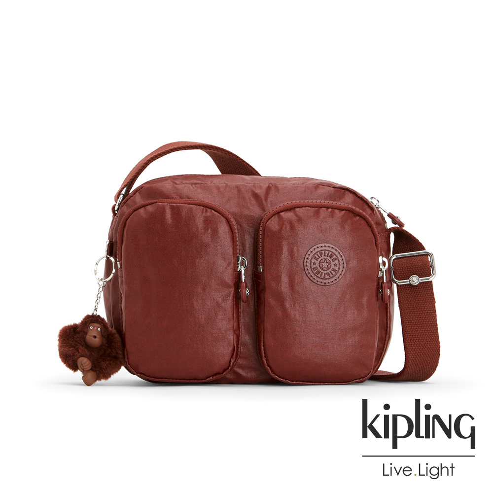 Kipling 雅緻紅褐素面雙拉鍊前口袋側背包-PATTI