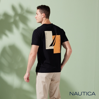 Nautica男裝 撞色拼接LOGO休閒短袖T恤-黑色