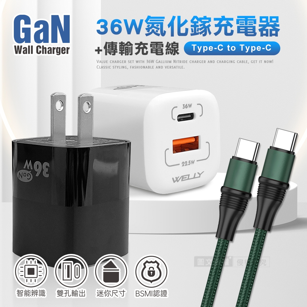 【超速組合】WELLY 36W氮化鎵GaN PPS雙孔迷你充電器+100W 雙Type-C 傳輸充電線(1.2M)