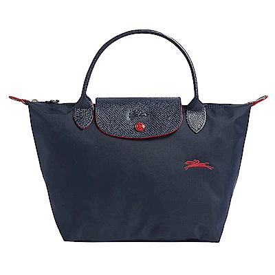 LONGCHAMP Le Pliage系列經典刺繡LOGO短提把手提包(小)海軍藍