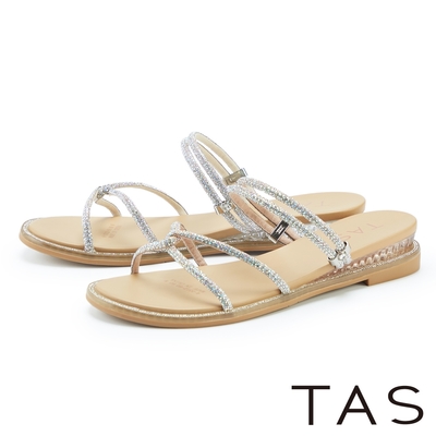 TAS 水鑽條細版線條楔型拖鞋 銀色