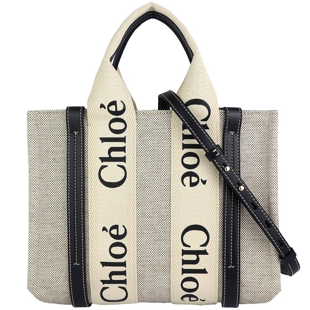 CHLOE WOODY Tote 白色帆布藍色皮飾邊小型手提/斜背包