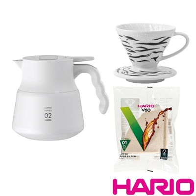 【HARIO】V60不鏽鋼保溫咖啡壺PLUS白色+限量虎紋濾杯+濾紙